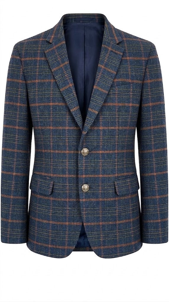 Men’s Navy Blue Checkered Imported Wool Casual Coat