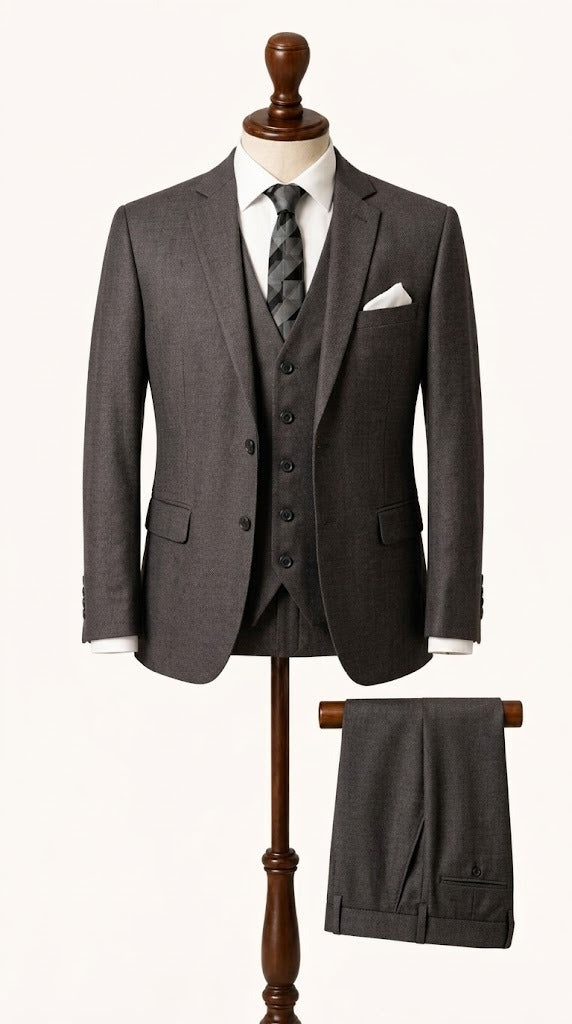 Mens Dark Gray Self Textured 3 Pc Suit