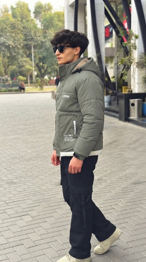 Mens Olive Pocket Style Imported Puffer jacket