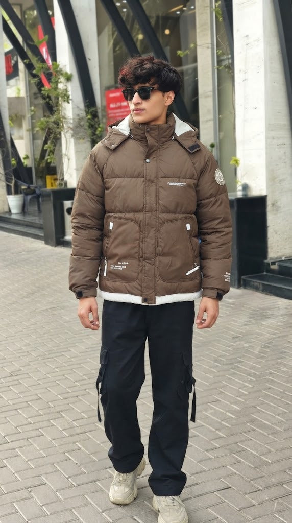 Mens Brown Pocket Style Imported Puffer jacket