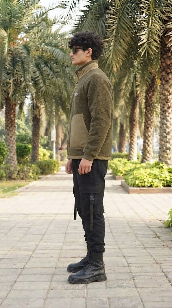 Mens Olive Green Sherpa Fleece Pocket Style Imported Puffer jacket