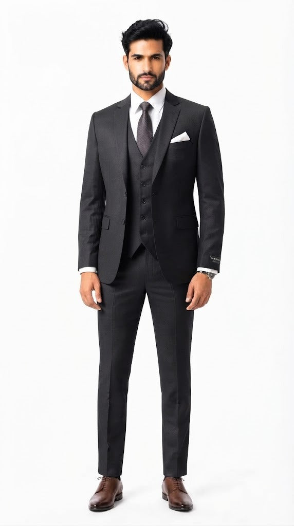 Mens jet Black Plain 3 Pc Suit