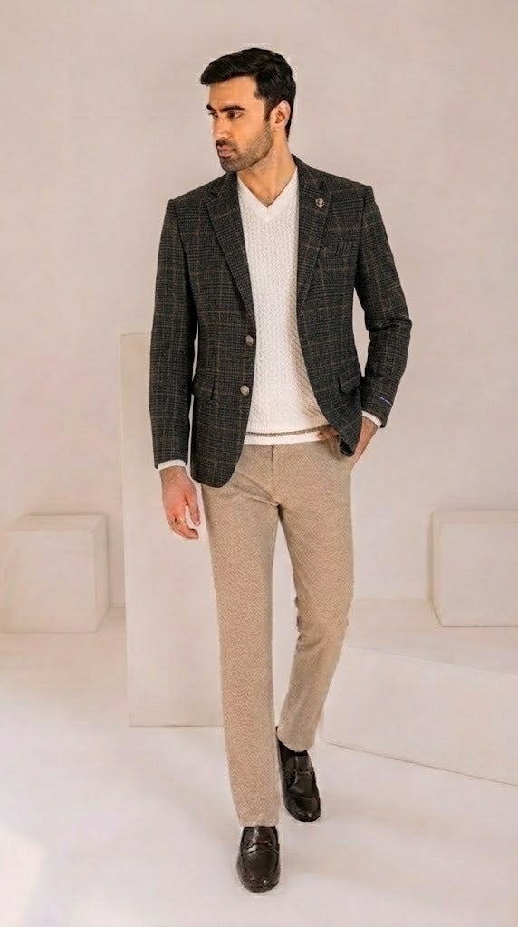 Men's Grey-Brown Plaid Imported Wool Casual Coat