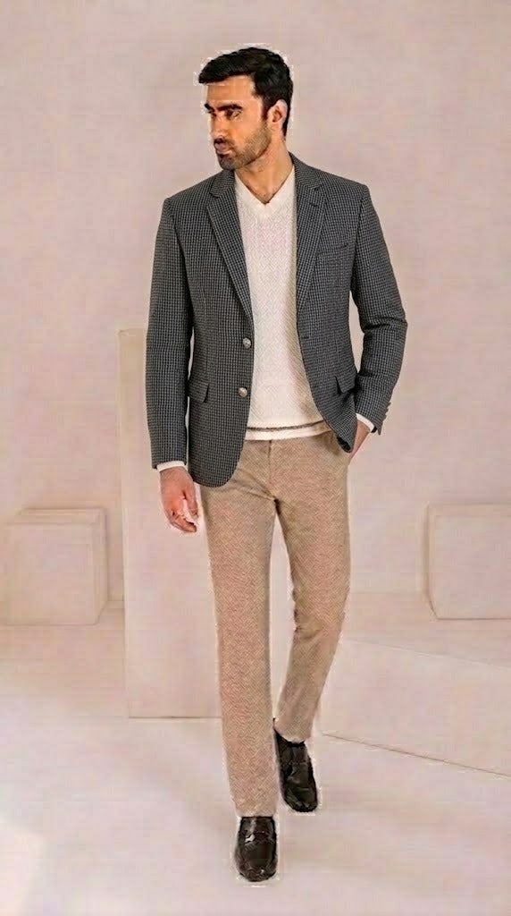 Men's Grey Houndstooth Imported Wool Casual Coat