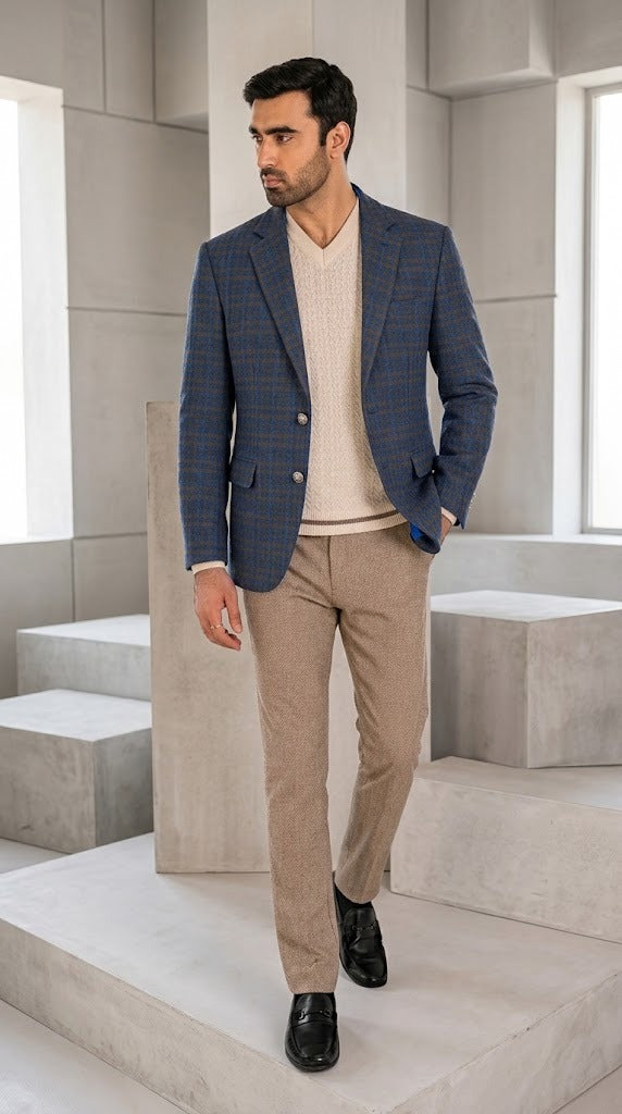 Men's Blue and Brown Check Imported Wool Casual Coat