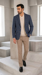 Men's Blue and Brown Check Imported Wool Casual Coat