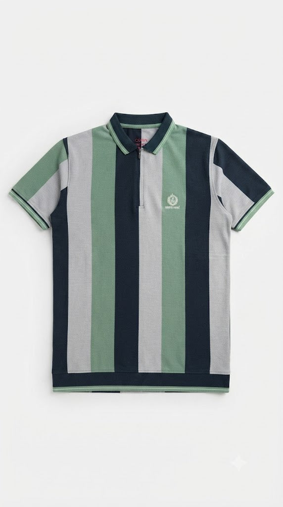 Men's Sage Green, Navy & Light Grey Vertical Striped Polo Shirt