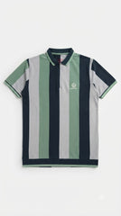 Men's Sage Green, Navy & Light Grey Vertical Striped Polo Shirt