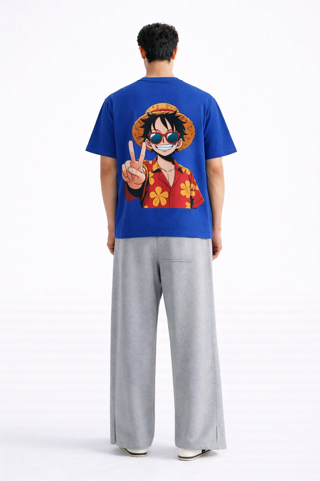 Mens Royal Blue Anime Pirate Character Graphic Downshoulder T-shirt