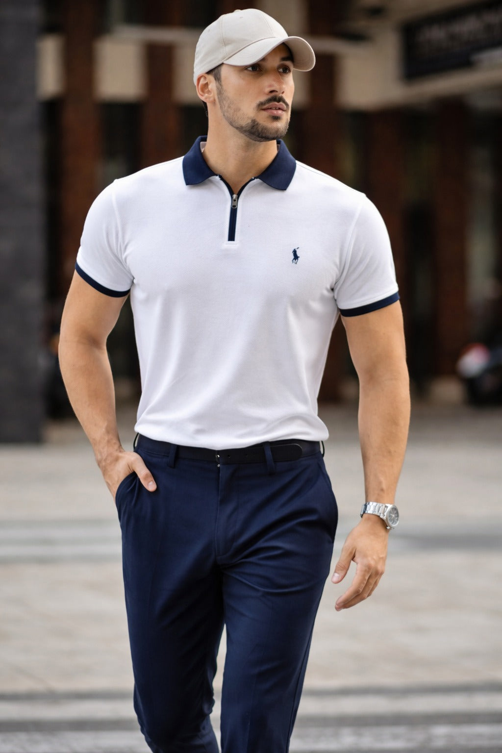 Mens White Textured Zip Polo Shirt