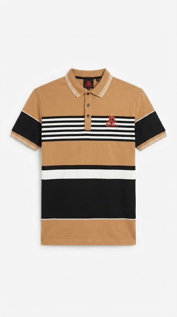 Mens Mustard Striped Color Block Polo Shirt