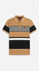 Mens Mustard Striped Color Block Polo Shirt