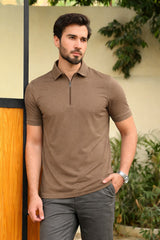 Men’s Brown Textured Zip Polo Shirt (Last Chance)