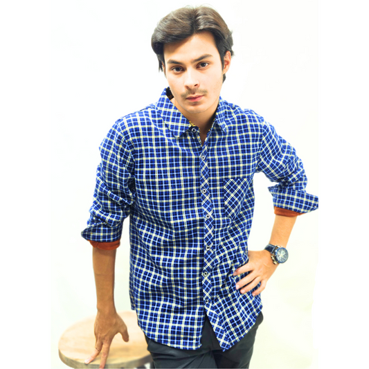 Men imported blue and white checkered inner fleece casual shirt