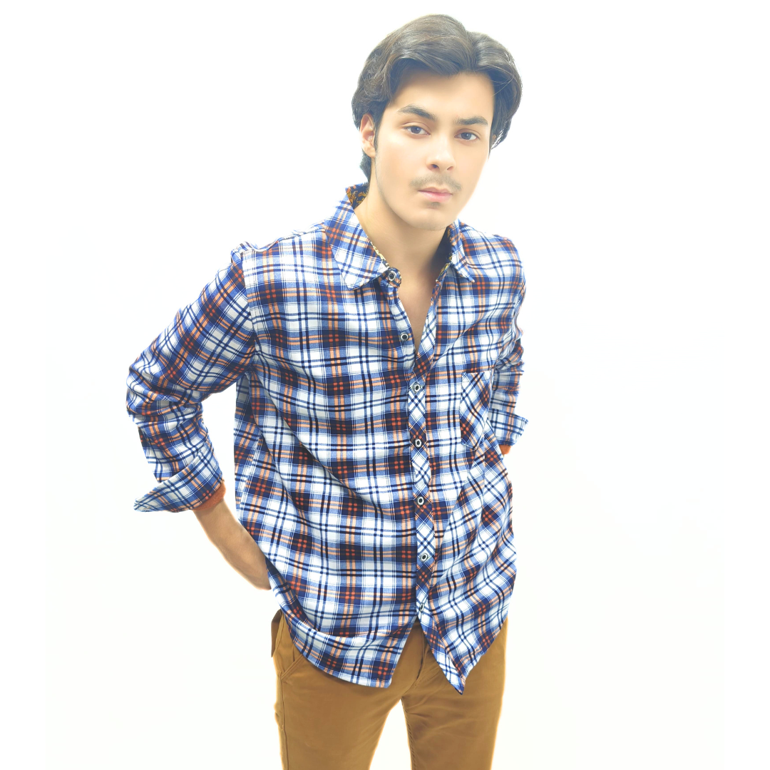 Men navy and white checkered inner fleece casual shirt