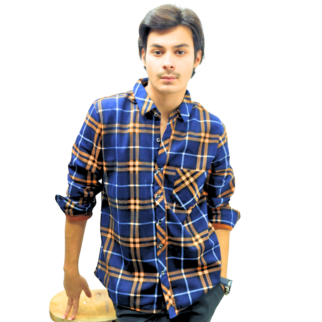 Men mustard and navy checkered inner fleece casual shirt