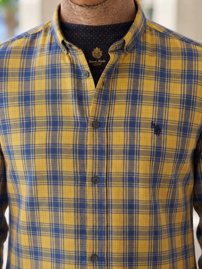 Mens Yellow Blue Check Imported Casual Shirt