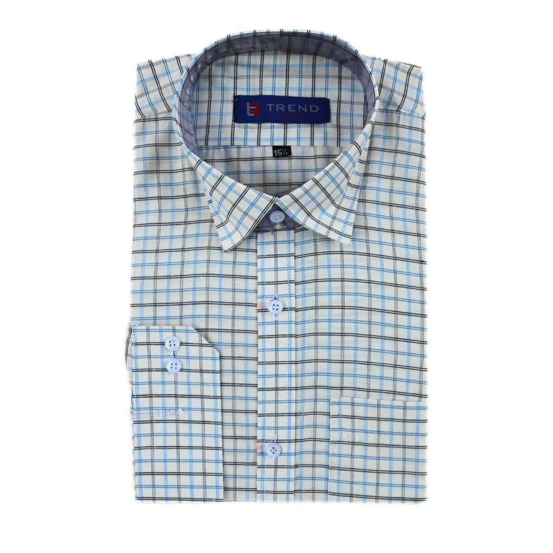 Men’s white and sky blue checkered formal shirt