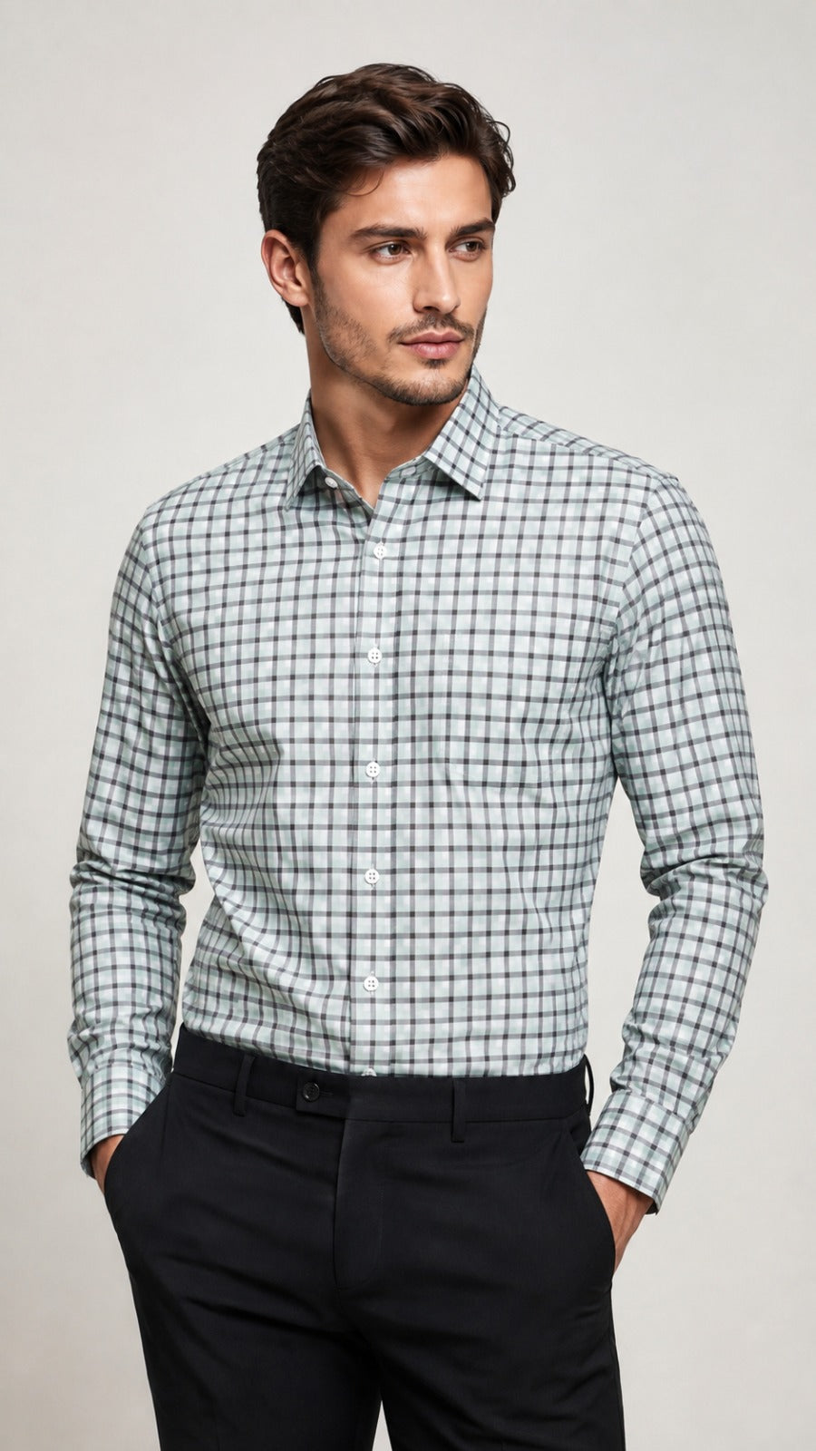 Men’s Grey, White & Mint Green Check Formal Shirt