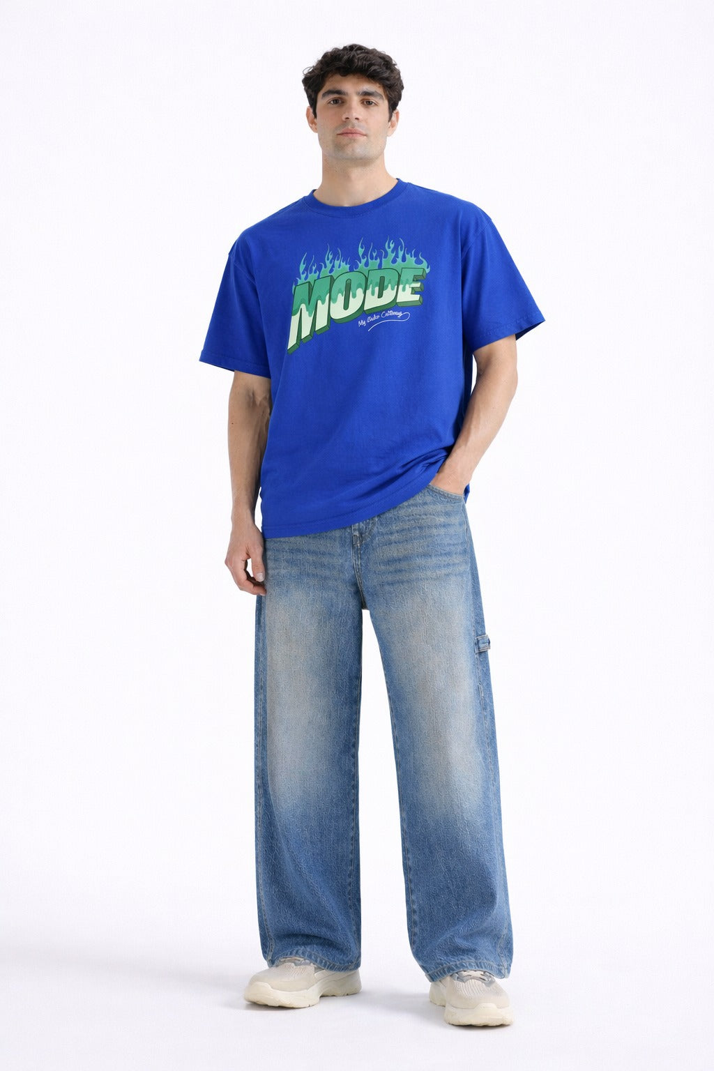 Mens Royal Blue Mode Flame Graphic Print Downshoulder T-shirt