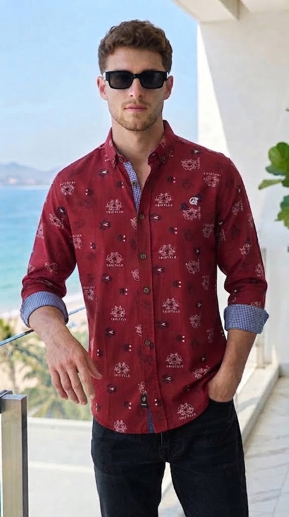 Mens Maroon Tricycle Print Casual shirt