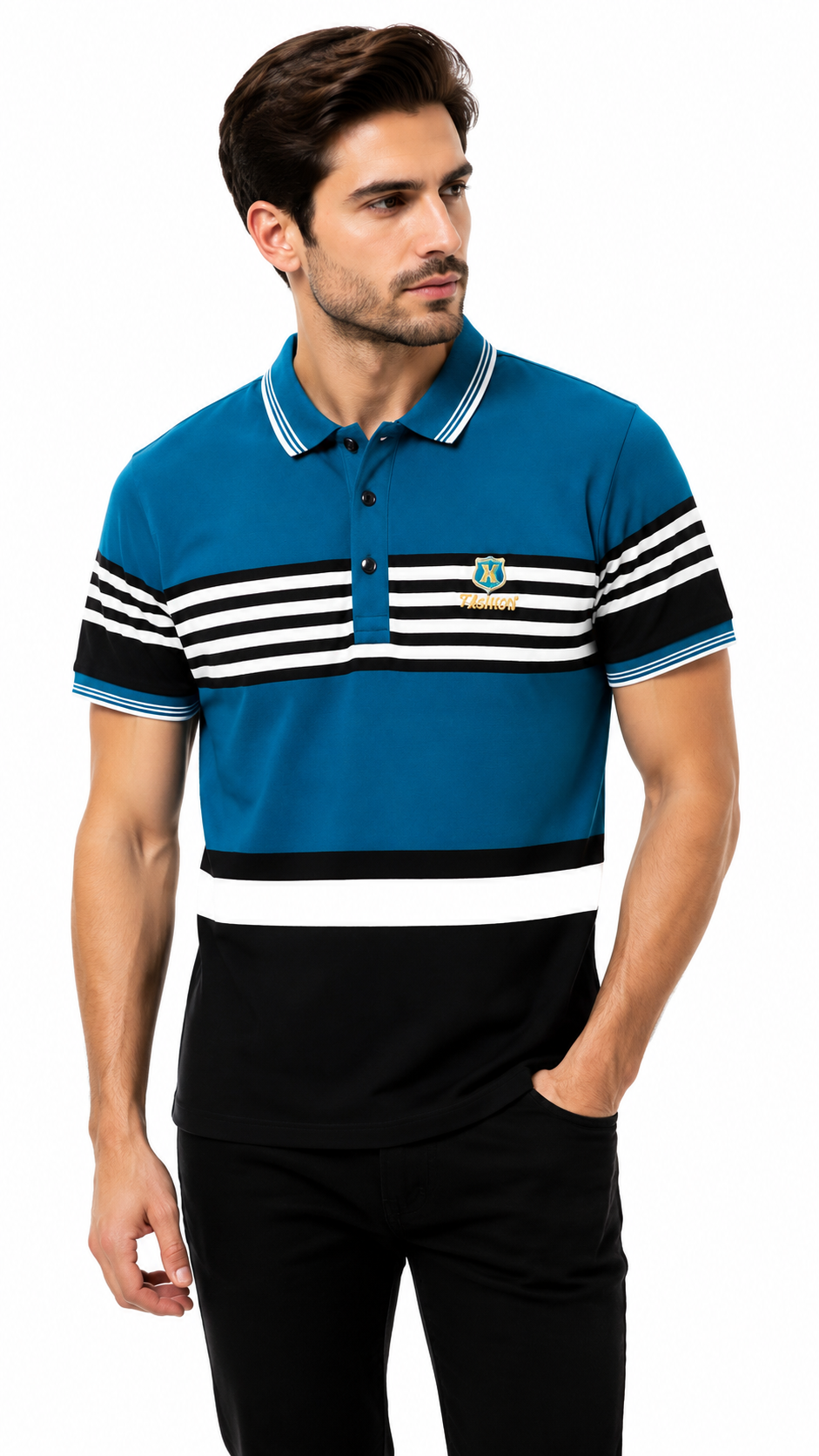 Mens Blue Striped Color Block Polo Shirt