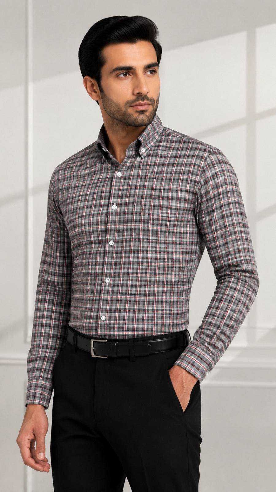 Men’s Grey Red Check Formal Shirt