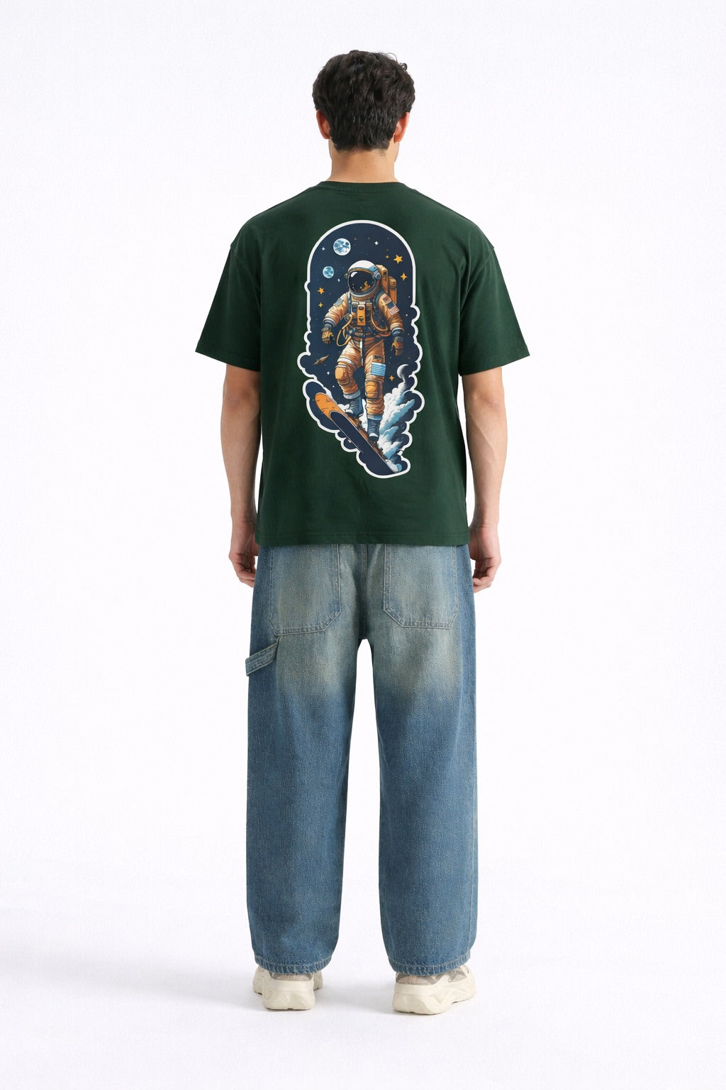 Mens Forest Green Astronaut Space Graphic Print Downshoulder T-shirt