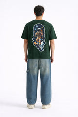 Mens Forest Green Astronaut Space Graphic Print Downshoulder T-shirt