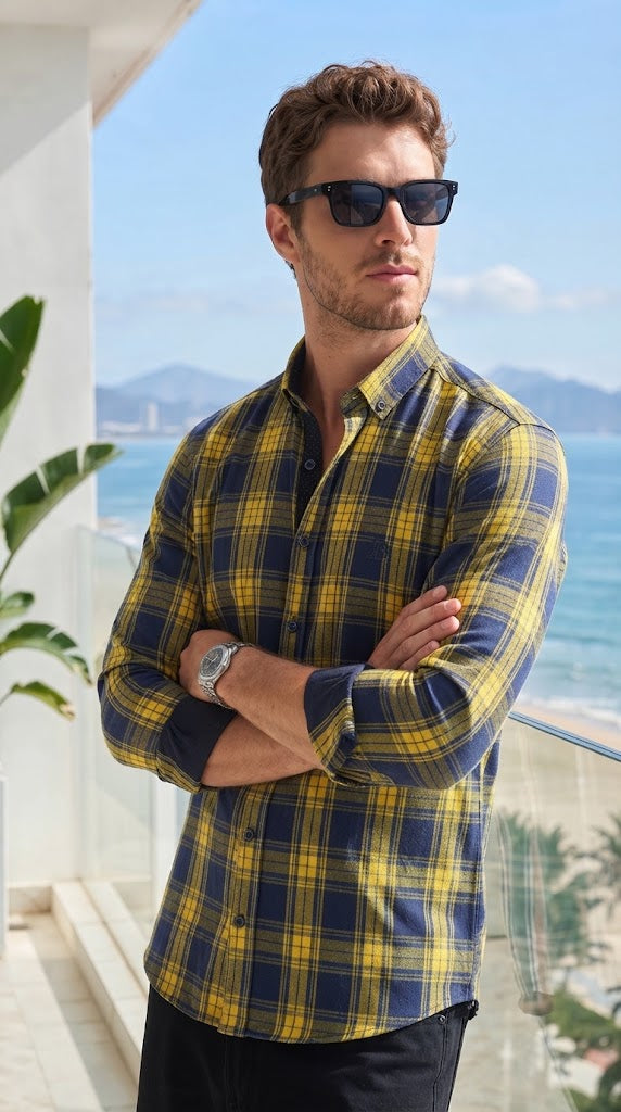 Mens Yellow Blue Check Imported Casual Shirt