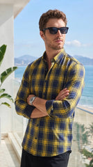 Mens Yellow Blue Check Imported Casual Shirt