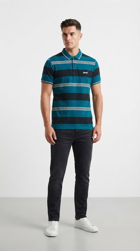 Mens Teal & Black Horizontal Striped Polo Shirt