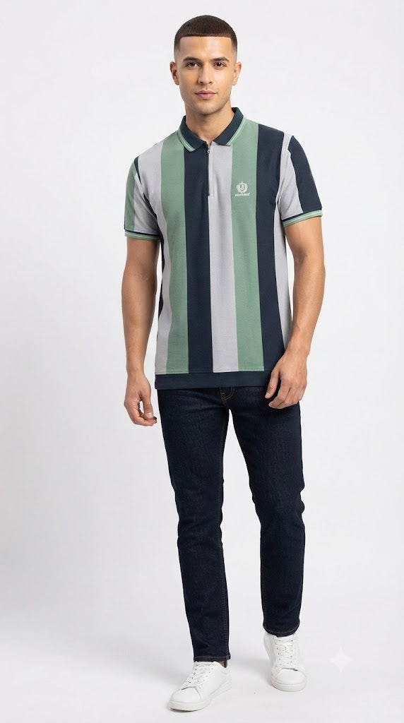 Men's Sage Green, Navy & Light Grey Vertical Striped Polo Shirt