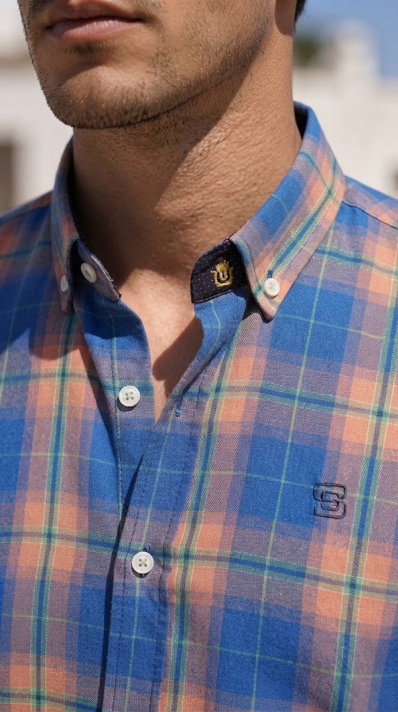 Mens Blue Peach Check Imported Casual Shirt