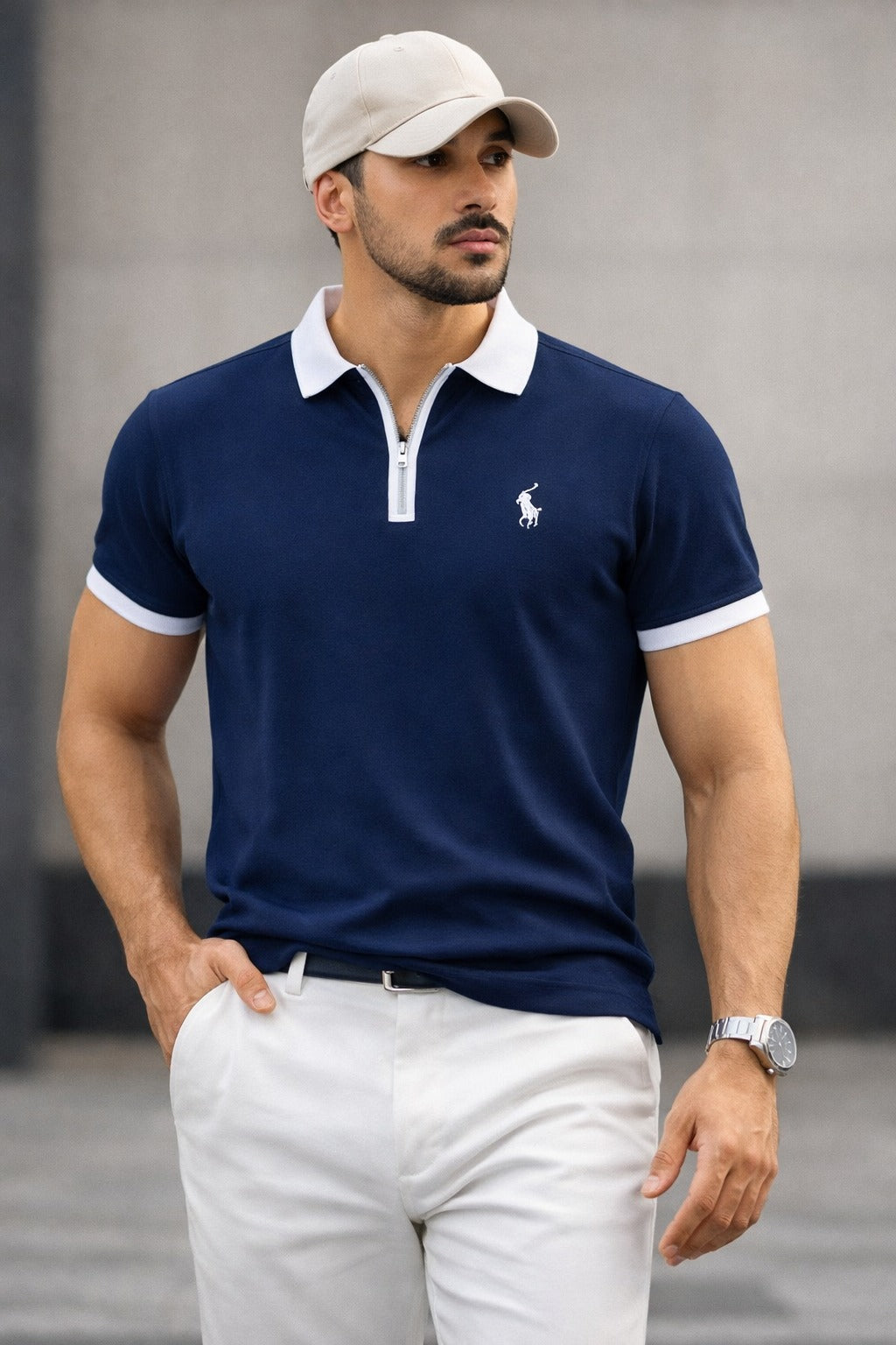 Mens Navy Blue Textured Zip Polo Shirt