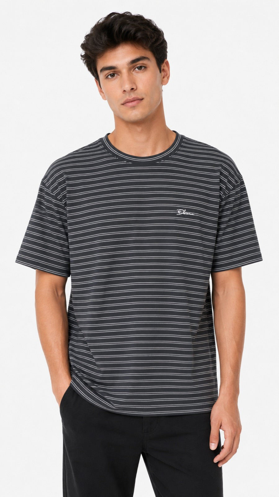 Men’s Black Double Horizontal Pinstripe Dior Logo T-Shirt
