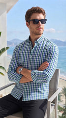 Mens Blue Green Check Imported Casual Shirt