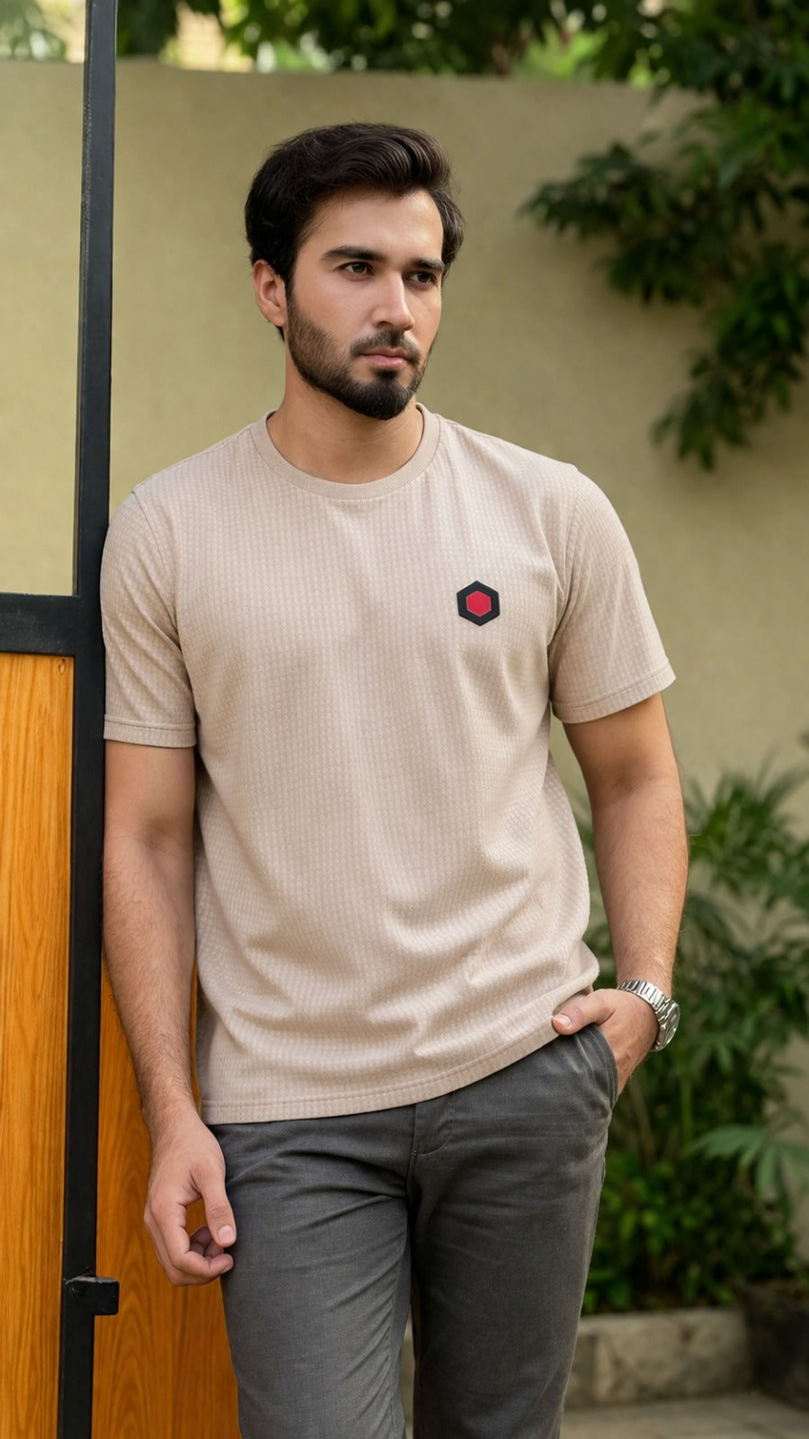 Men’s light orange Textured T-Shirt (Last Chance)