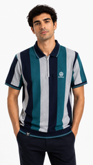 Men's Teal, Navy & Light Grey Vertical Striped Polo Shirt