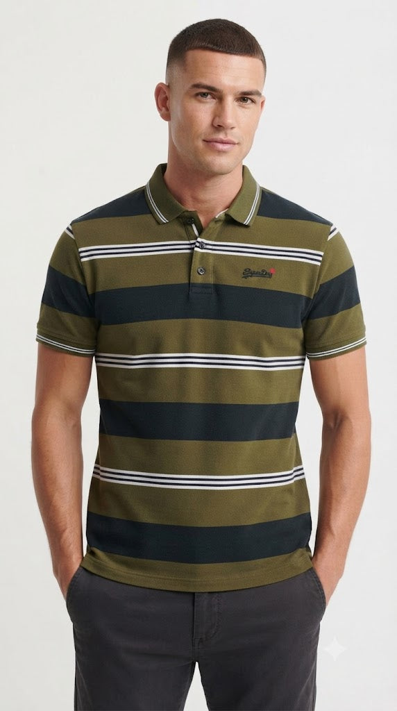 Mens Olive Green & Black Horizontal Striped Polo Shirt