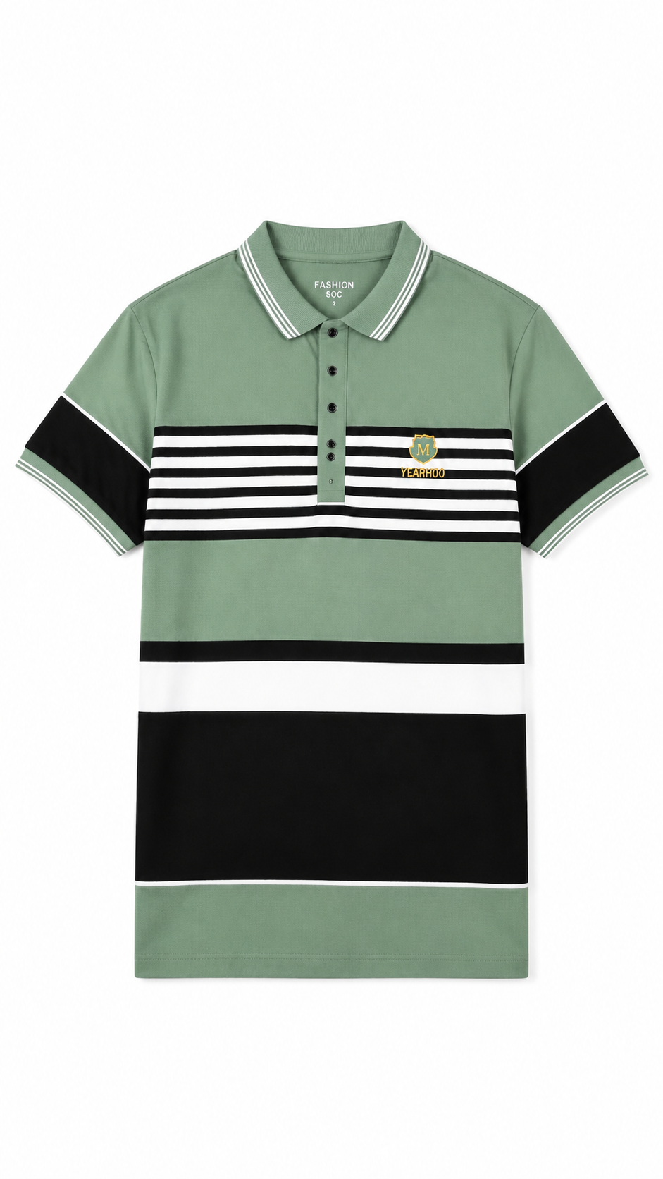 Mens Sage Green Color Block Striped Polo Shirt