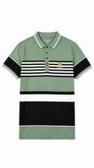 Mens Sage Green Color Block Striped Polo Shirt