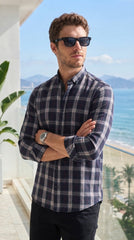 Mens Navy Blue Grey Check Imported Casual Shirt