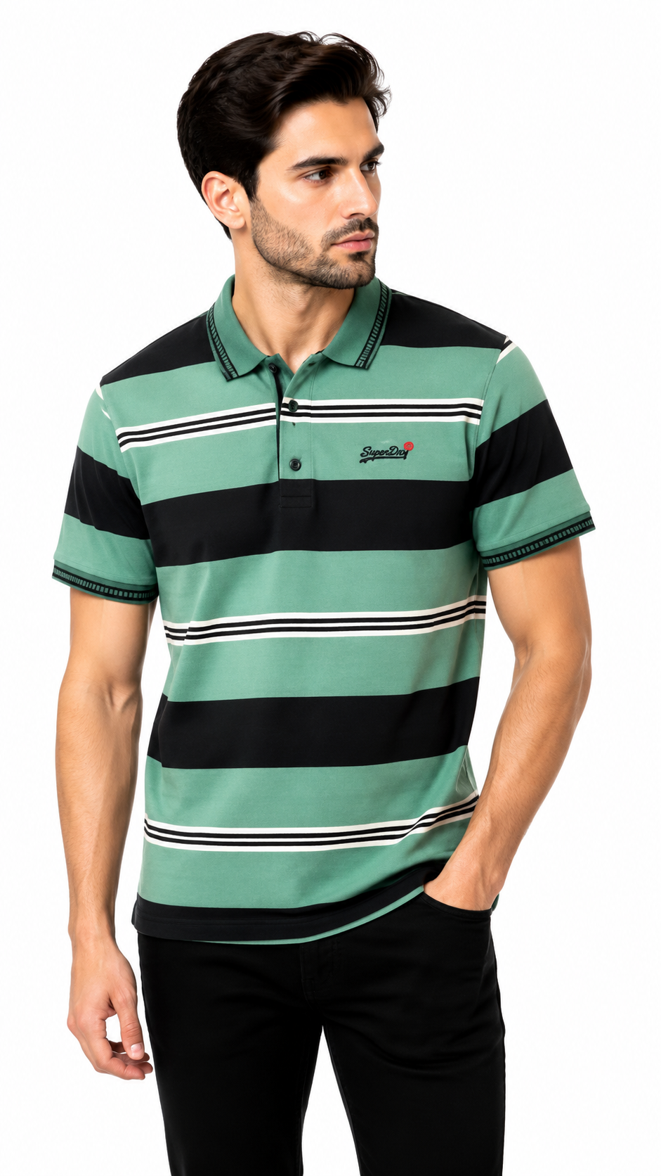 Men's Sage Green & Black Horizontal Striped Polo Shirt