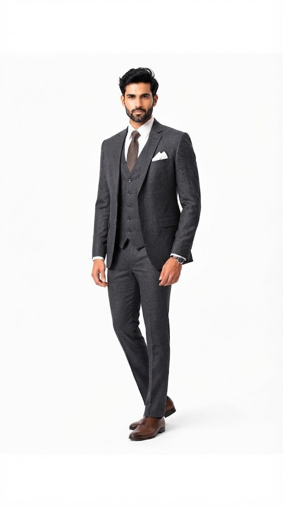 Mens Dark Gray Self Textured 3 Pc Suit