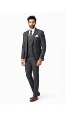 Mens Dark Gray Self Textured 3 Pc Suit