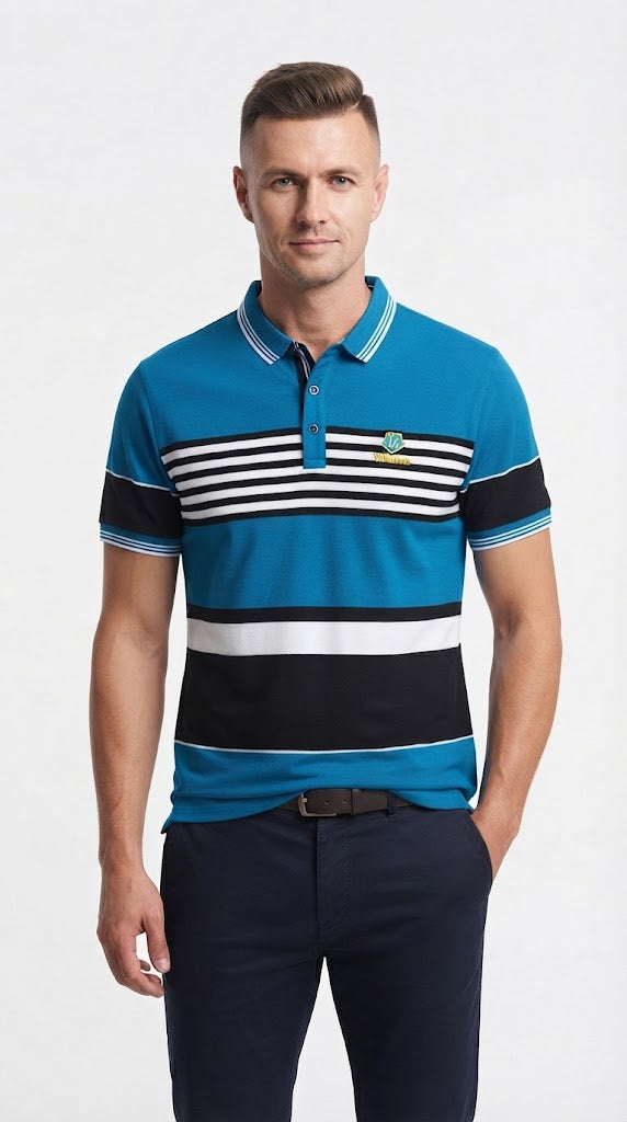 Mens Blue Striped Color Block Polo Shirt