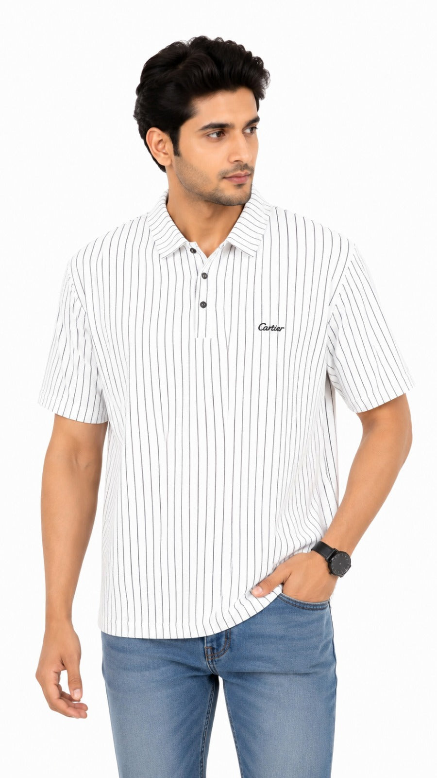 Men’s White and Black Vertical Pinstripe Polo Shirt
