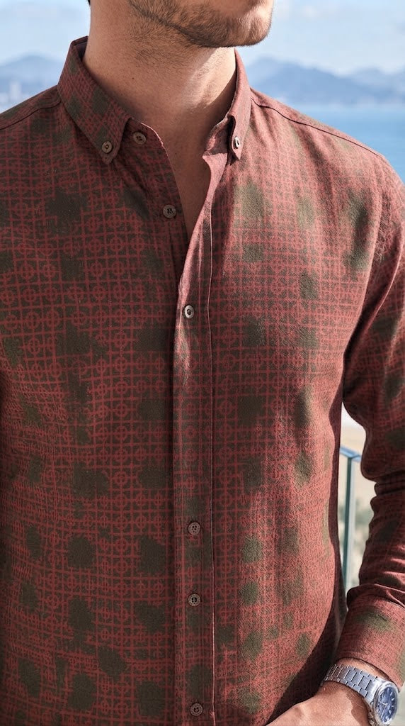 Mens Maroon Brown Geometric Pattern Imported Casual Shirt