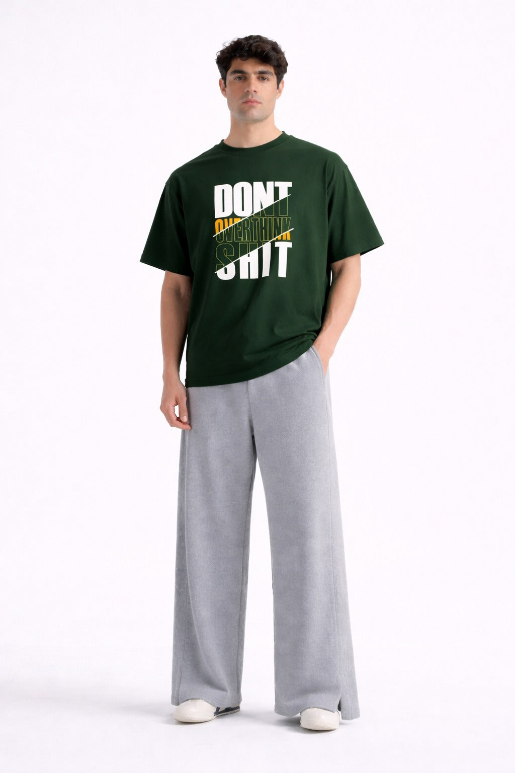 Mens Forest Green Dont Overthink Typography Print Downshoulder T-shirt